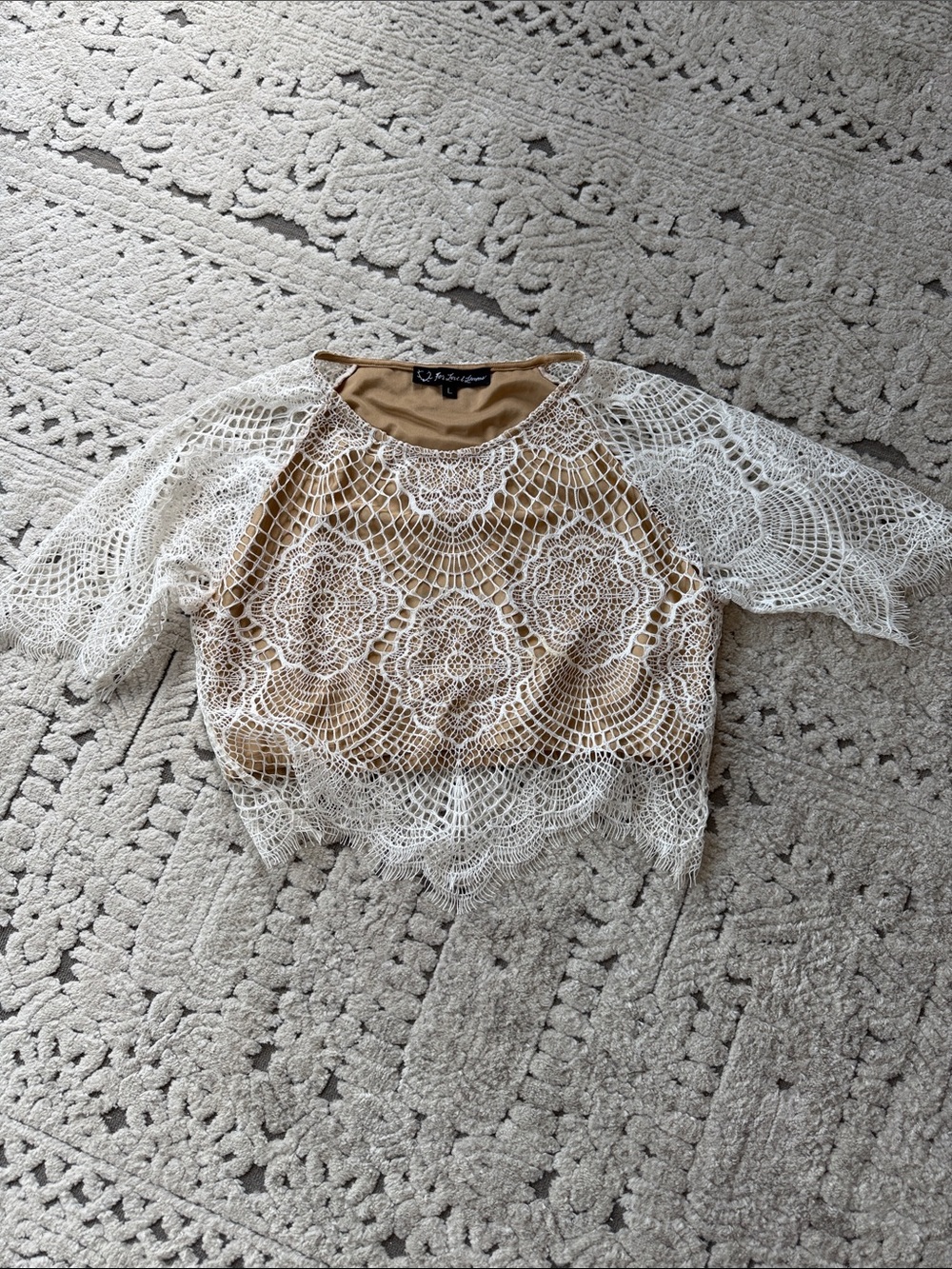 For Love And Lemons Cream Crochet Lace Camisole over Tan